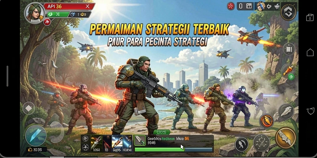 Tampilan utama gameplay API36 menunjukkan pertempuran strategis yang seru.