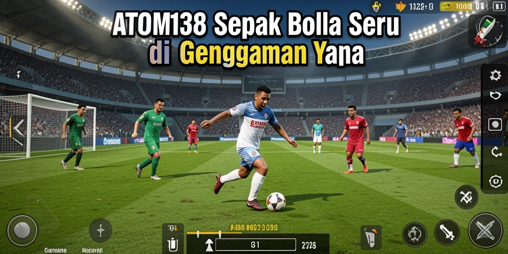 Screenshot gameplay ATOM138 dengan aksi dribble dan tendangan bebas.