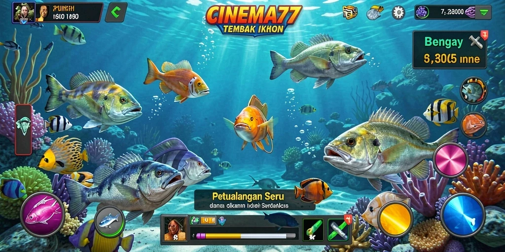 Screenshot CINEMA77 menampilkan aksi seru tembak ikan di bawah laut.