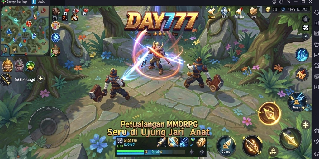 Screenshot utama DAY777 menunjukkan aksi pertempuran seru dalam MMORPG.