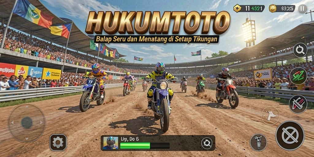 Tampilan gameplay HUKUMTOTO dengan aksi balap yang menarik.