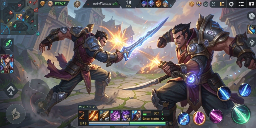 Screenshot gameplay PT707 menampilkan aksi seru dalam pertempuran MOBA.