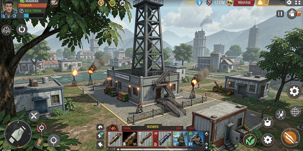 Screenshot utama menampilkan pertahanan menara dalam aksi di game Tower Defense.